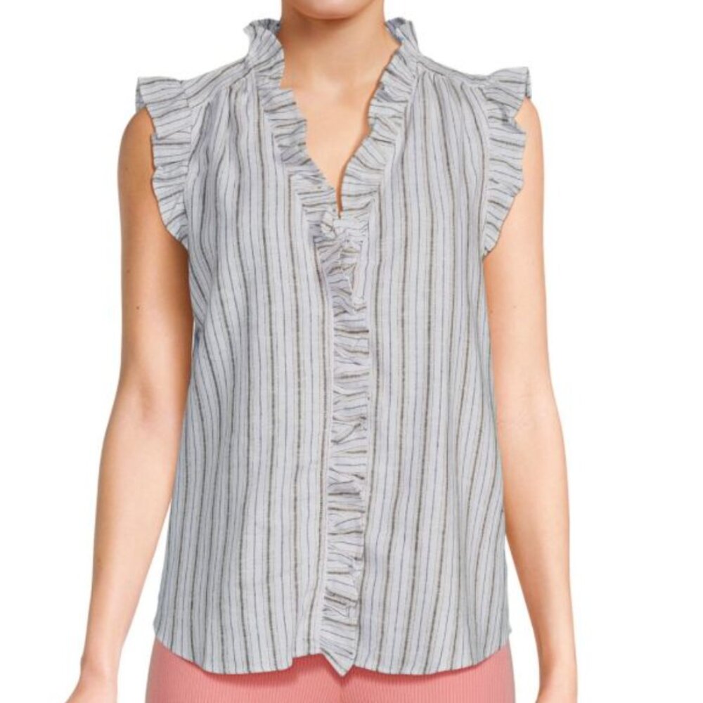 Ellen Tracy Ruffle Trim Linen Blend Top Medium
